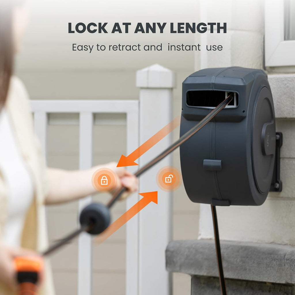 Giraffe Tools Retractable Garden Hose Reel 1/2"78FT Metal Bracket | Any Length Lock,Auto Rewind System,Wall Mount,180°