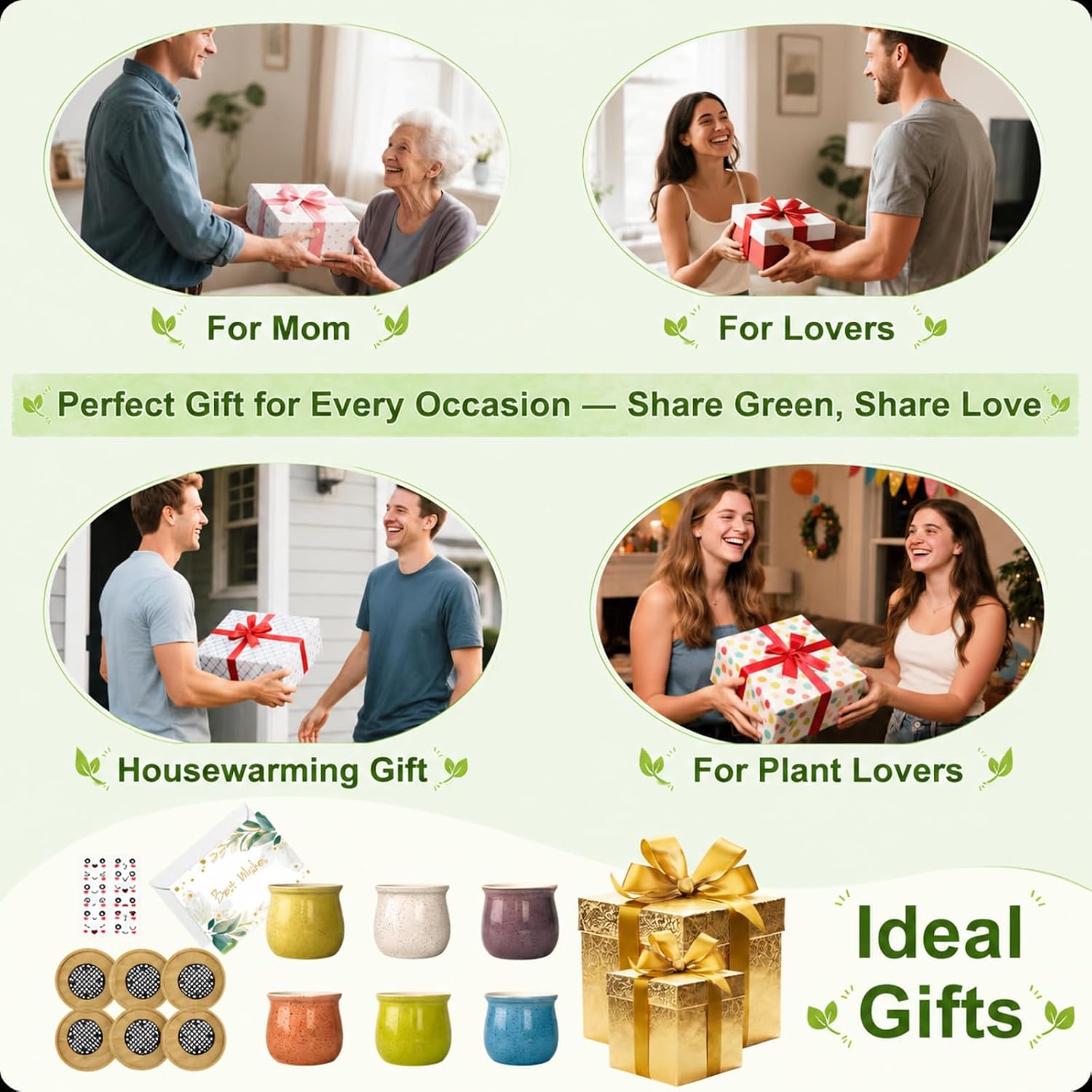 6-Pack 3 Inch Ceramic Succulent Pots with Bamboo Tray for Home Decor | Includes decorative stickers and cards creating