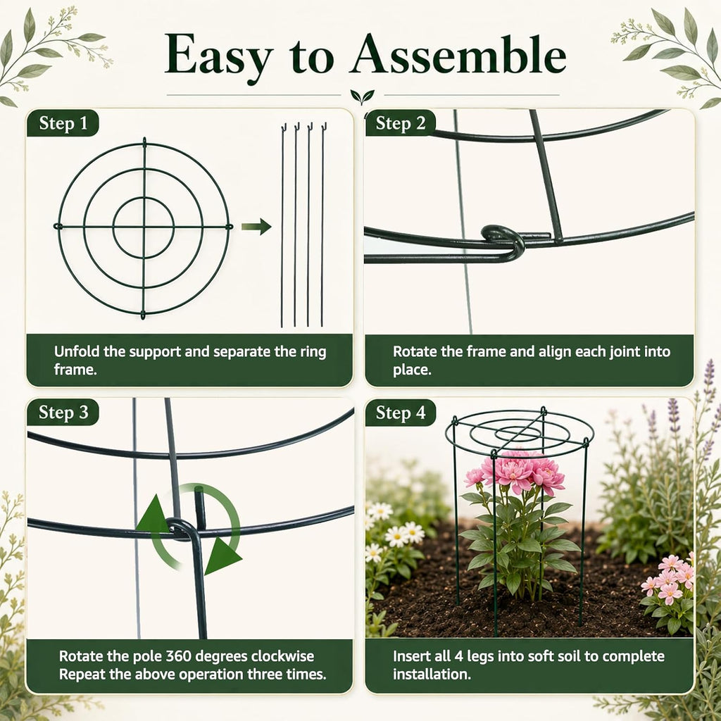 7 Pack Peony Cages and Supports, 13.8" D x 23.6" H Grow Through Plant Supports for Outdoor Plants, 4-Leg Metal Flower