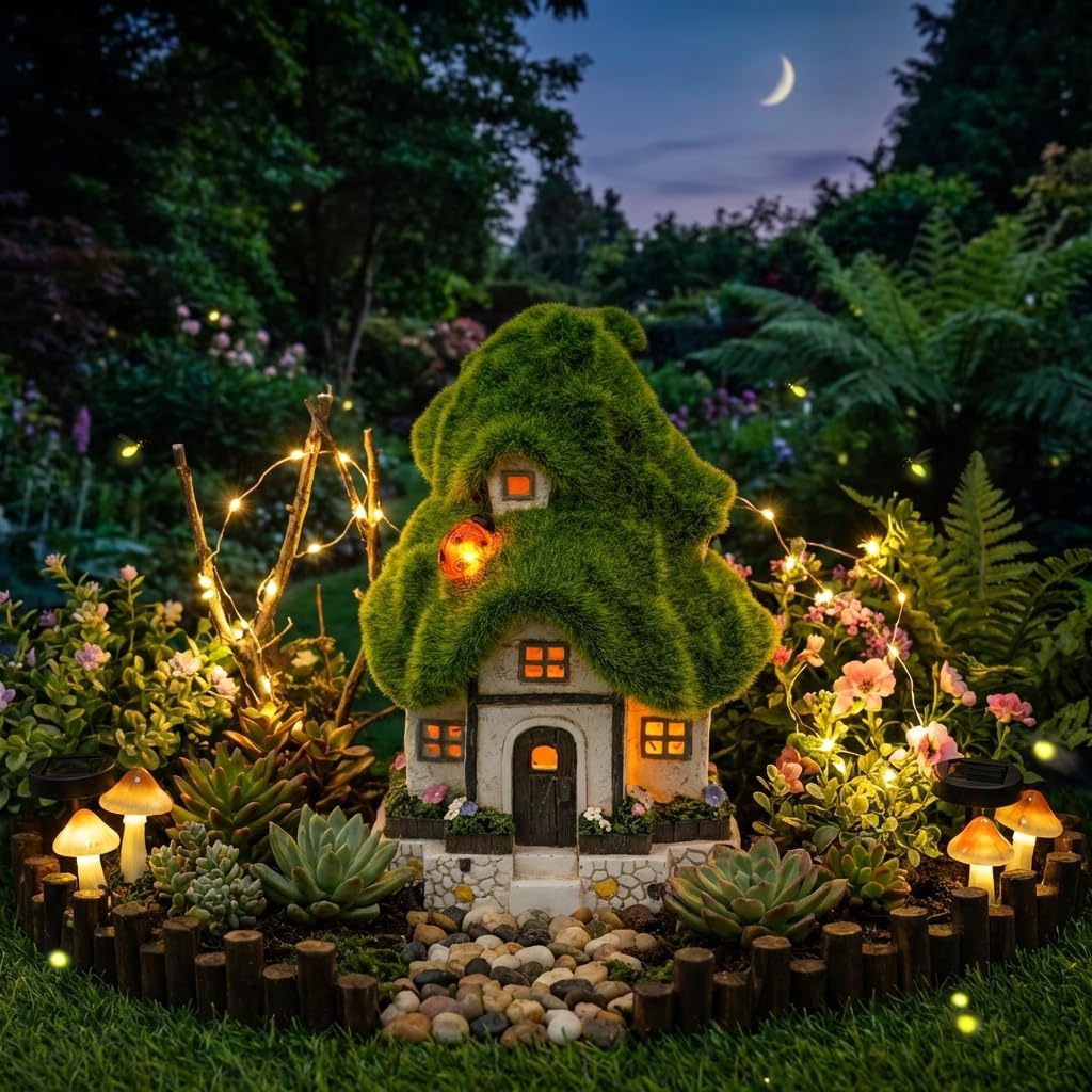 TERESA'S COLLECTIONS Flocked Garden Statue and Figurine Fairy House with Solar Outdoor Lights, Resin Garden Decor
