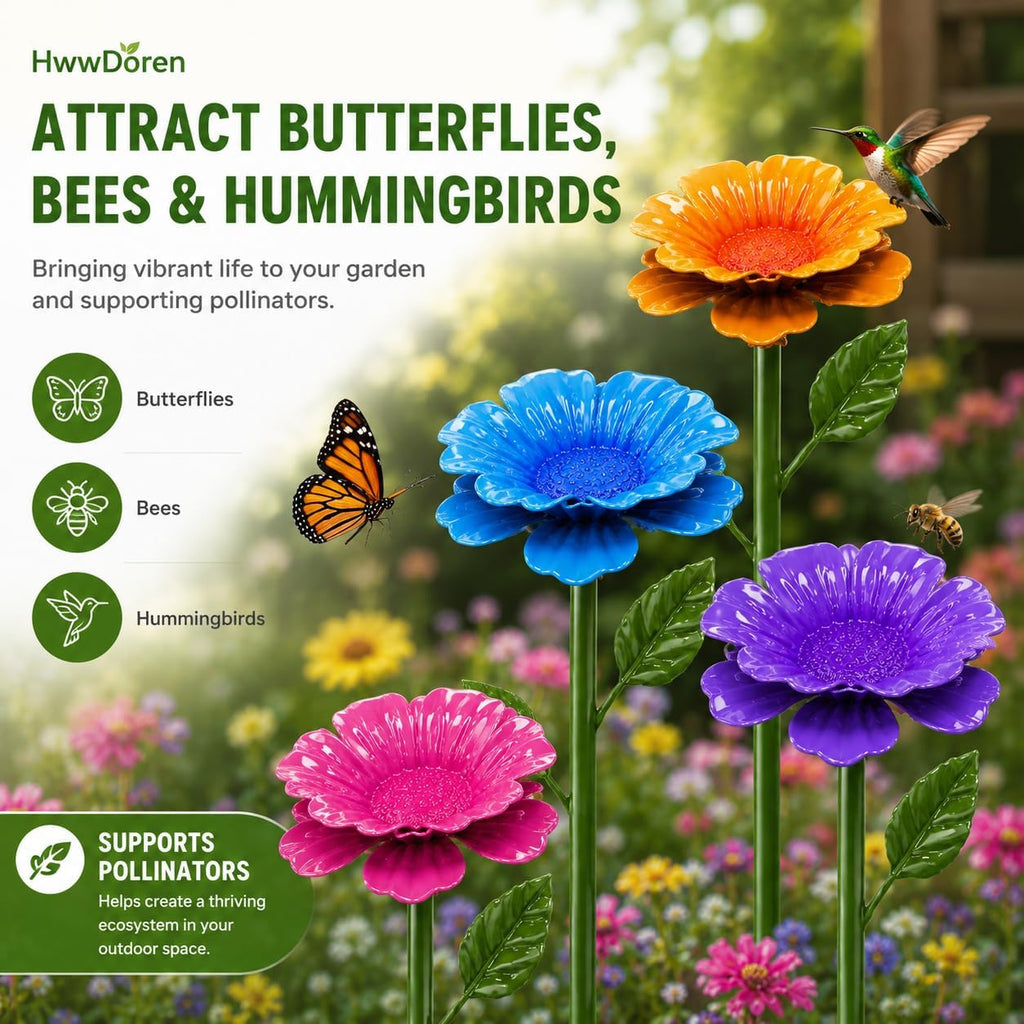 4 Pack Bee Watering Stations for Garden, Metal Flower Butterfly Feeders, Colorful Bee Bath Bowls with Adjustable Stakes