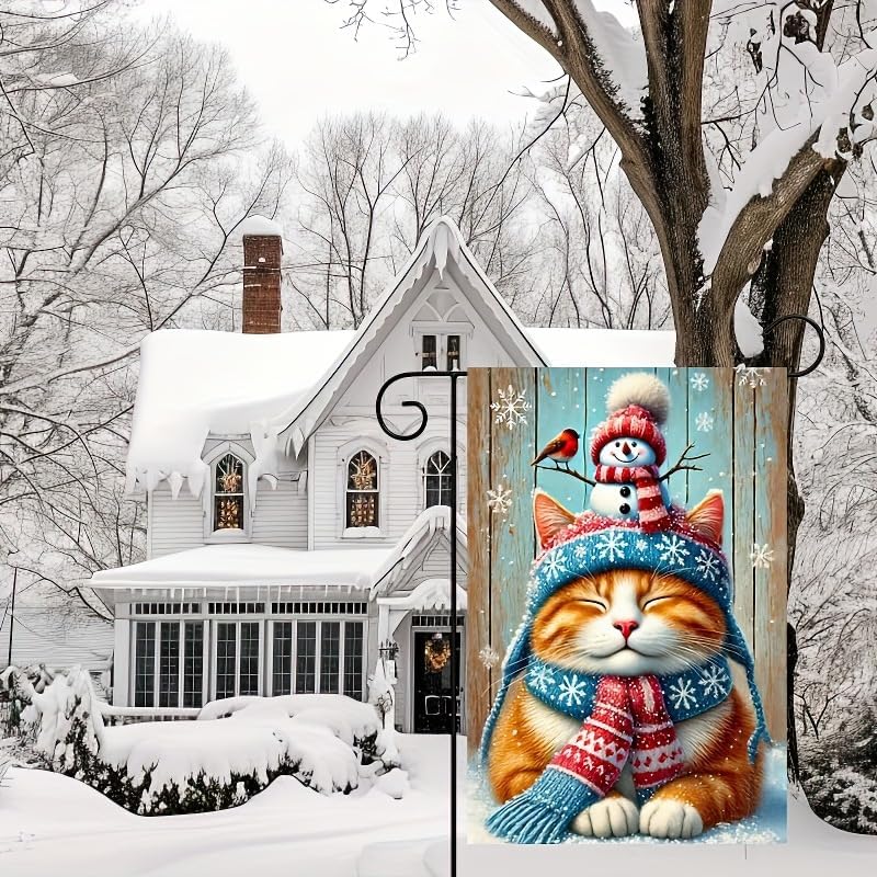 BlissYard Garden Flag Snowman Cat Red Hat Winter 12x18 Inch Polyester