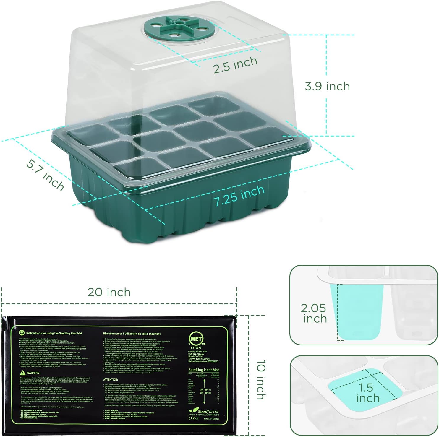 7-Pack Seed Starter Tray with Heat Mat (12 Cells per Tray), Plant Germination Trays with Adjustable Humidity Dome Seed