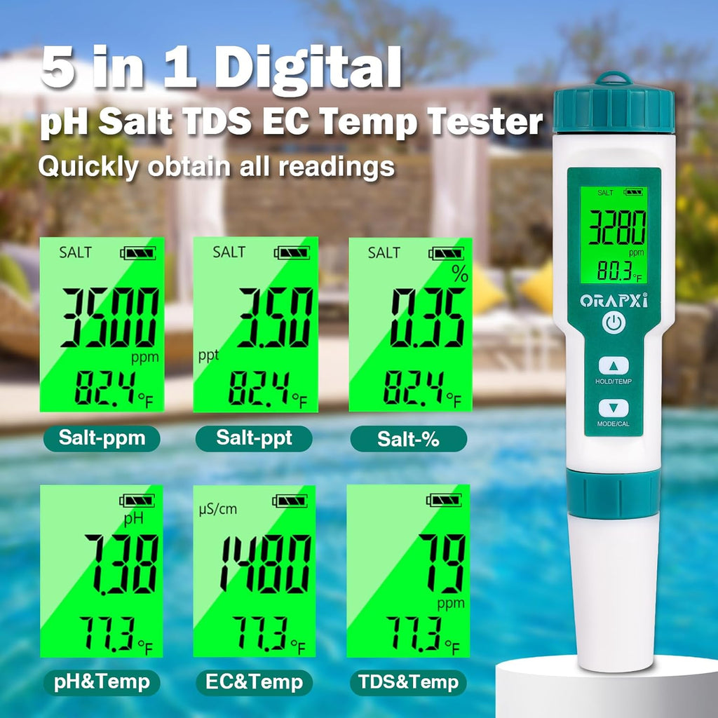 Pool Salt Tester pH and Salt Meter for Saltwater Pool pH Tester | Digital Salinity Tester 5 in 1 pH Salt TDS EC Temp