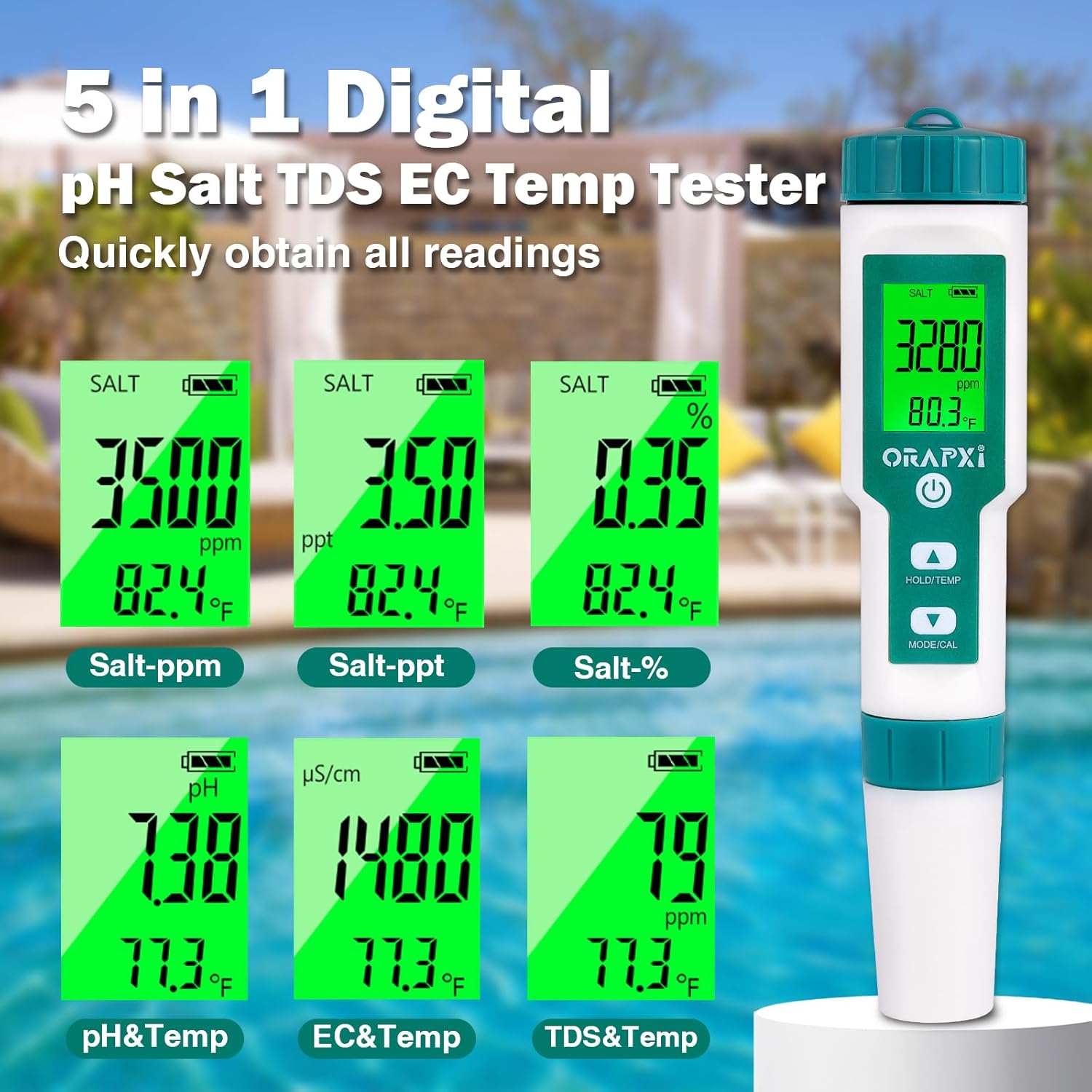 Pool Salt Tester pH and Salt Meter for Saltwater Pool pH Tester | Digital Salinity Tester 5 in 1 pH Salt TDS EC Temp