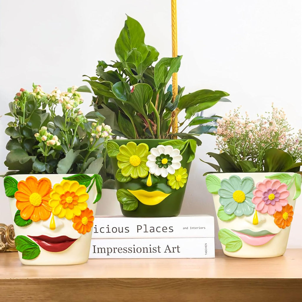 GUGUGO 8 Inch Large Flower Face Planters, Abstract Unique Head Plant Pot with Drainage, Rainbow Colorful Cute Flower