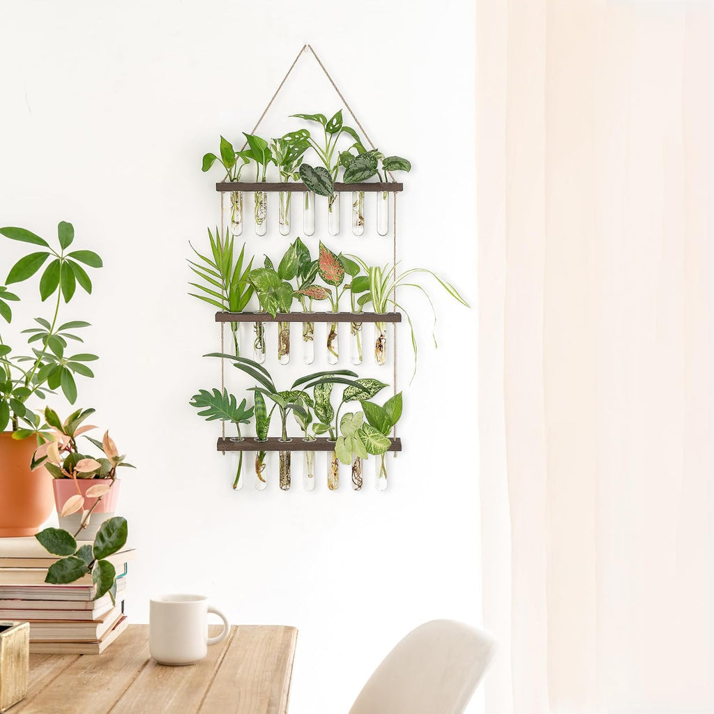 Mkono Plant Propagation Station, 3 Tier Large Brown Wall Hanging Vase Tubes | Glass Terrarium Planter,Wooden Stand,for