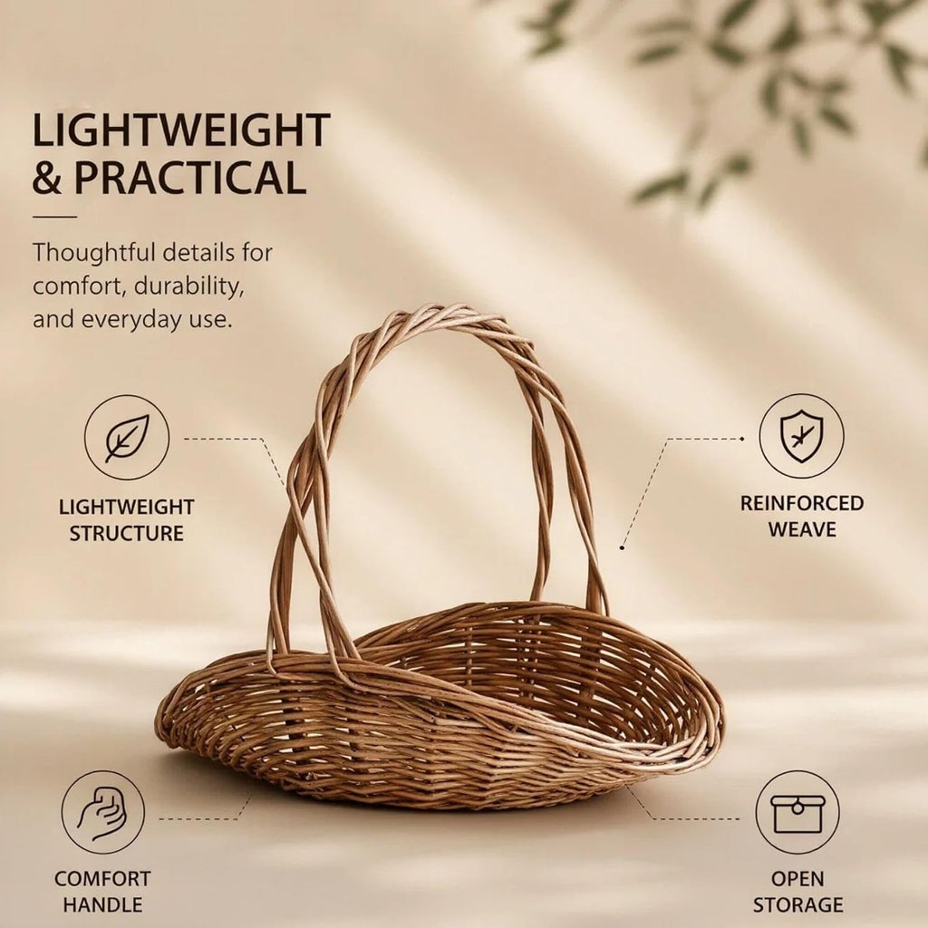 Rattan Basket with Handle, Wicker Garden Harvest Basket for Vegetables and Fruit, Handwoven Picnic Basket for Storage