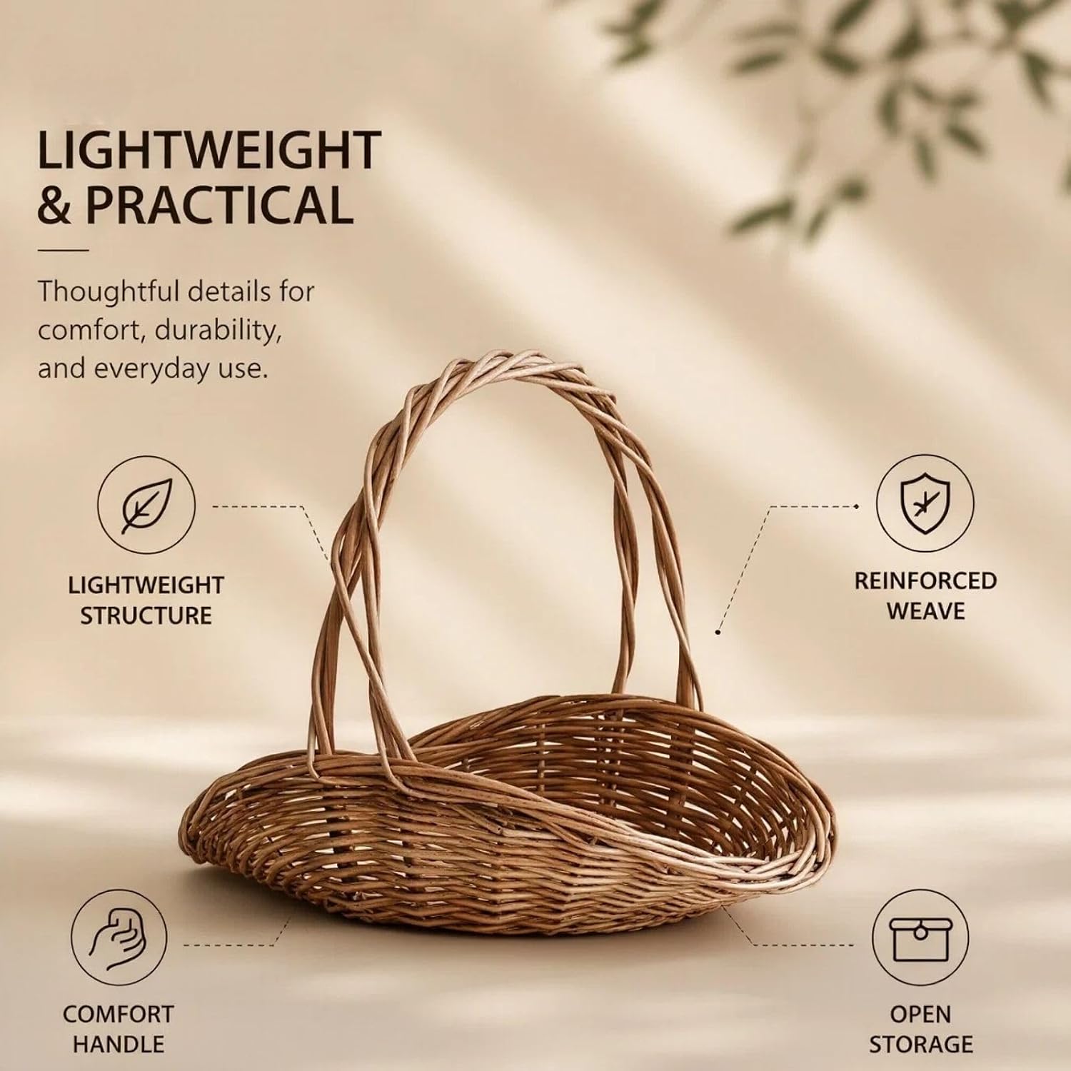 Rattan Basket with Handle, Wicker Garden Harvest Basket for Vegetables and Fruit, Handwoven Picnic Basket for Storage