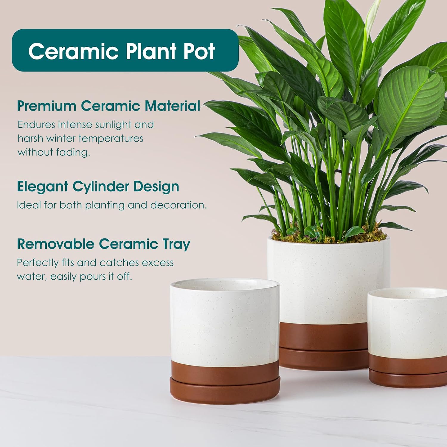 vancasso Ceramic Plant Pots, 3 Piece Planters for Indoor Plants, Khaki | 4.25+5.25+6.25 Inch Flower Pots with Drainage