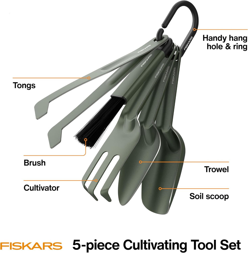 Fiskars 5-Piece House Plant Cultivating Tool Set for Indoor Gardening | Nesting Trowel, Soil Scoop, Cultivator, Tongs &