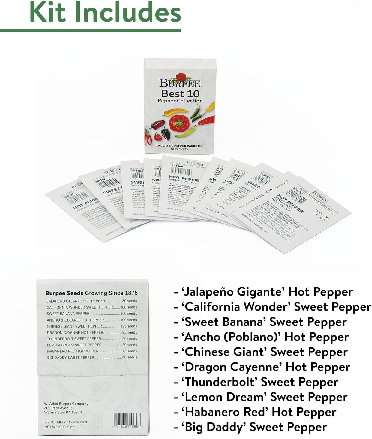Burpee Best Collection | 10 Packets of Non-GMO Fresh Mix of Hot Pepper & Sweet Varieties | Jalapeno, Bell Pepper Seeds