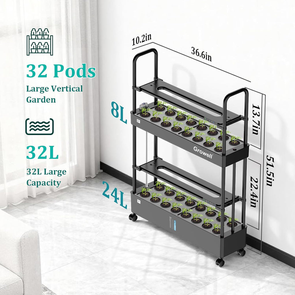 Growell Large Basket Hydroponics Growing System Kit, 32 Pods Vertical Hydroponic Garden with 2 Grow Light Modes, Auto
