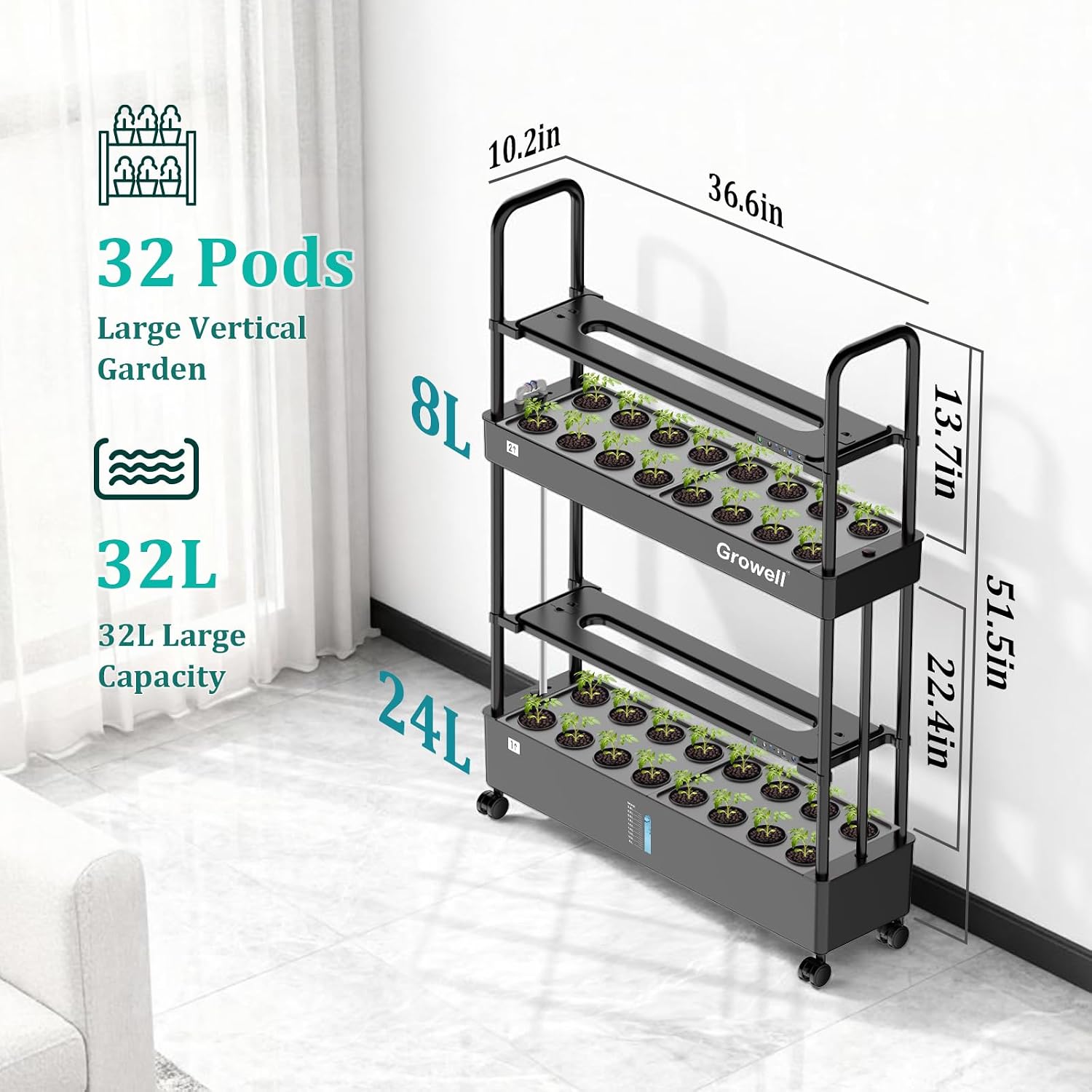 Growell Large Basket Hydroponics Growing System Kit, 32 Pods Vertical Hydroponic Garden with 2 Grow Light Modes, Auto