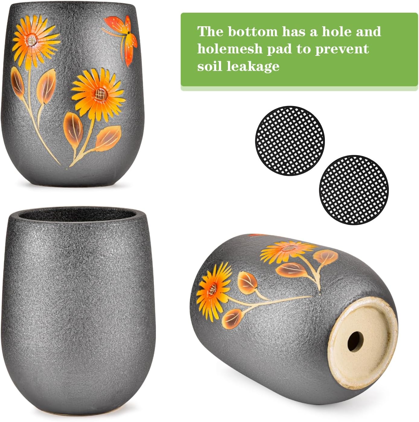 Sungmor 10.6 Inch Hand Painted Ceramic Succulent Plant Pot - Dark Grey | Textured Decorative Pottery Planter with