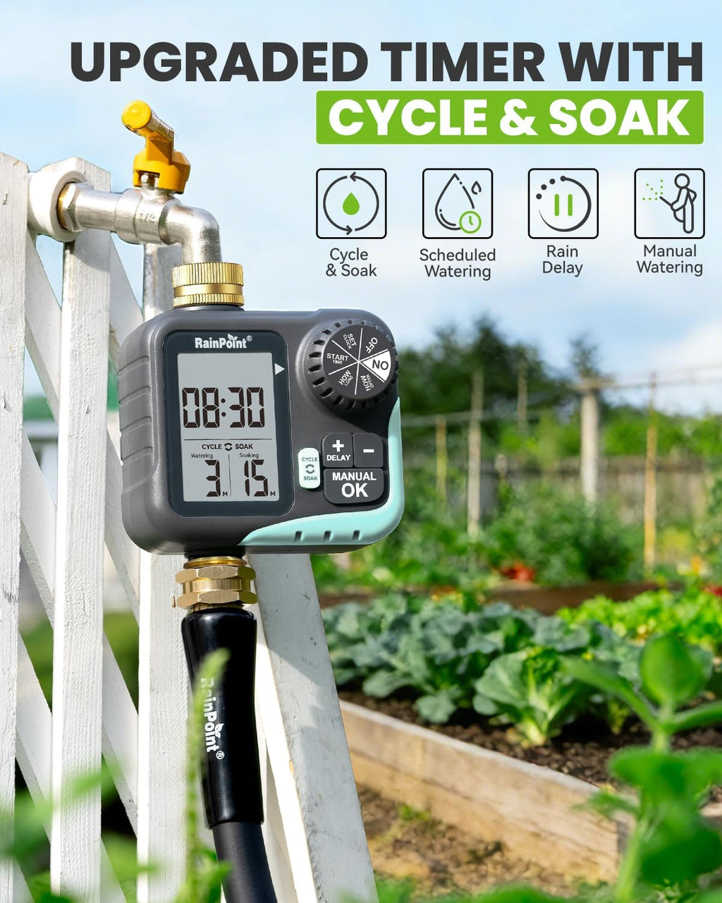 RAINPOINT Sprinkler Timer for Garden Hose - Hose Timer with Cycle & Soak/Rain Delay/Automatic Watering/Manual Watering