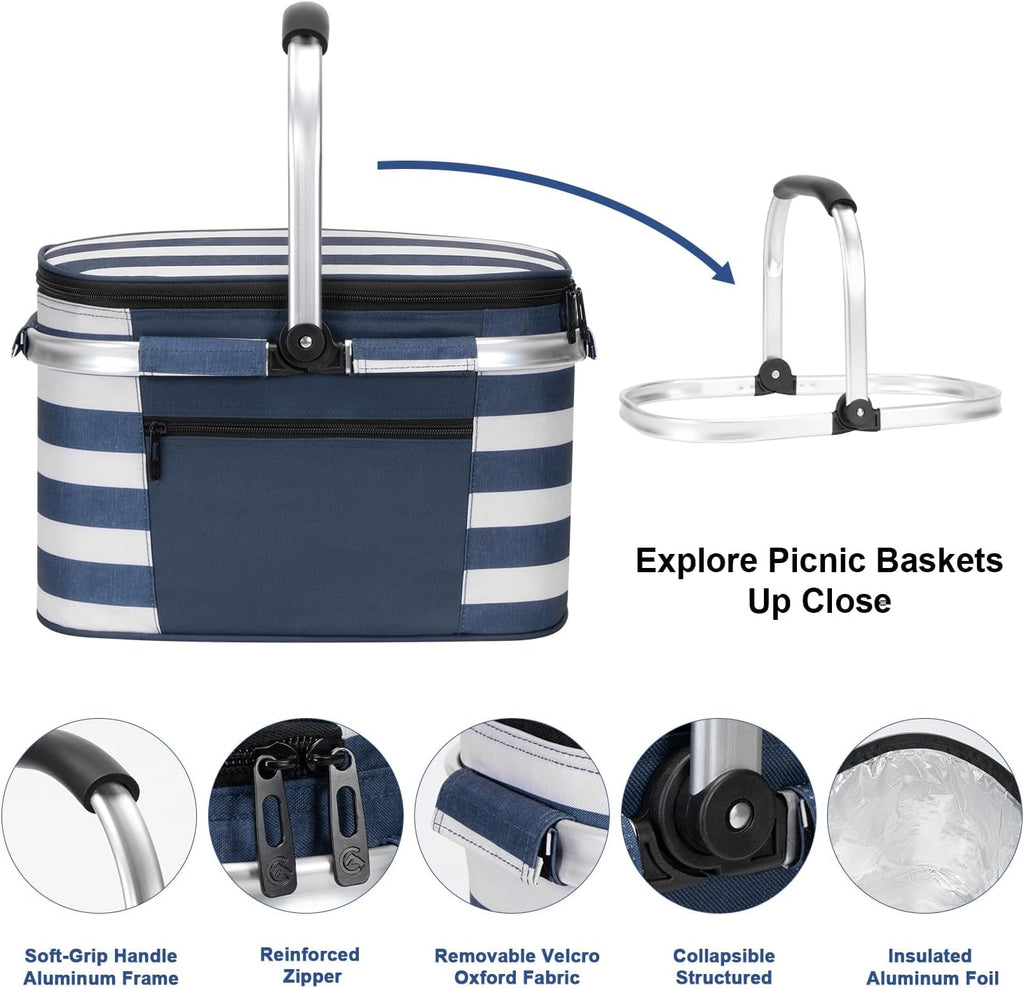 ALLCAMP Picnic Basket, 22L Insulated Cooler Foldable, Thick, Blue White | Tri-layer insulation, foldable flat, thick