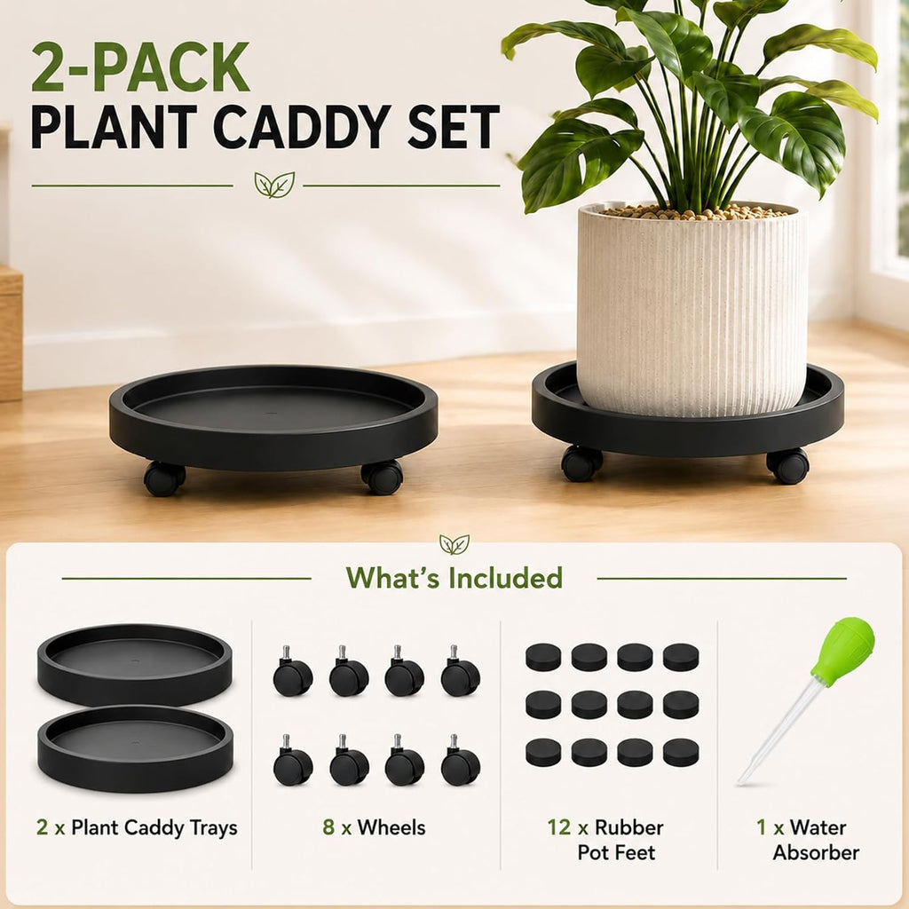 2 Pack 12.4" Plant Caddy with Wheels, Heavy Duty Rolling Plant Stand Dolly | Pot Feet & Water Removal Dropper, Black