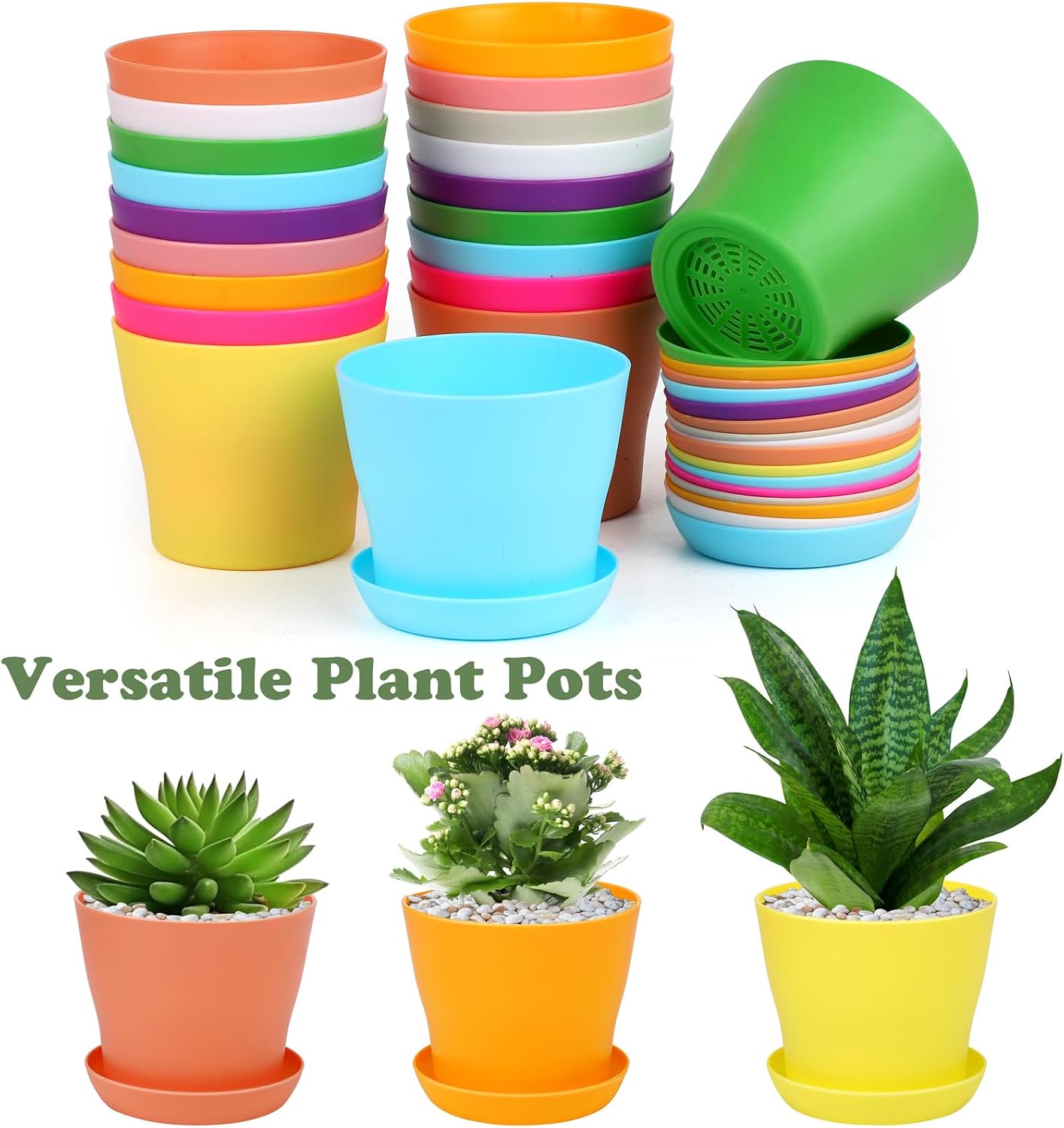 Hahood 60 Pieces Plastic Planters 4 Inch Flower Pot with Trays Labels Multicolor Flower Plant Pots Plants Nursery Pots