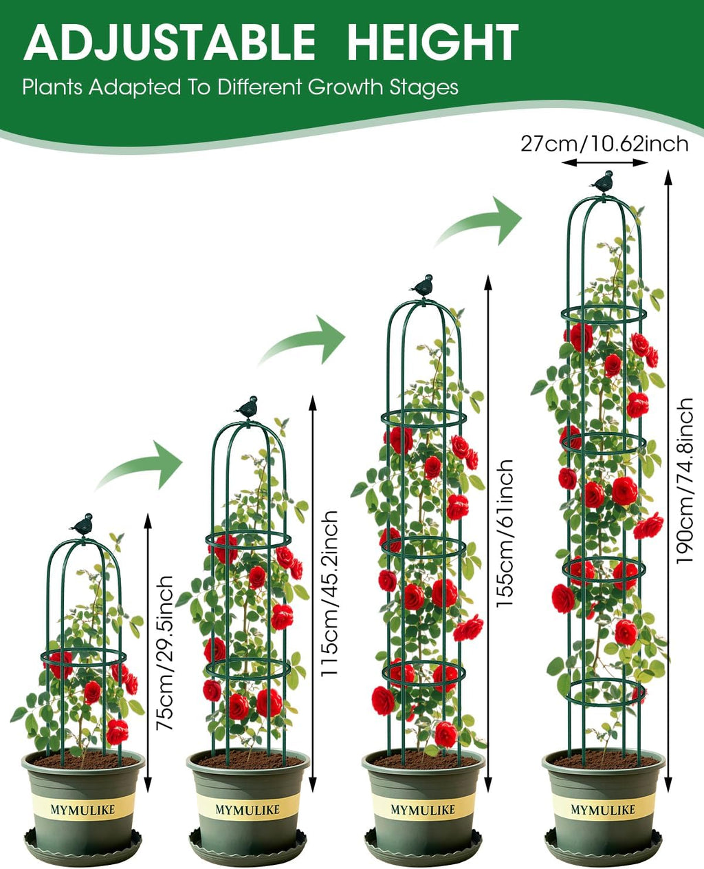 2PCS Garden Trellis for Climbing Plants, 6.2FT Rustproof Metal Pipe with Heavy Duty Plastic Coated, Garden Outdoor