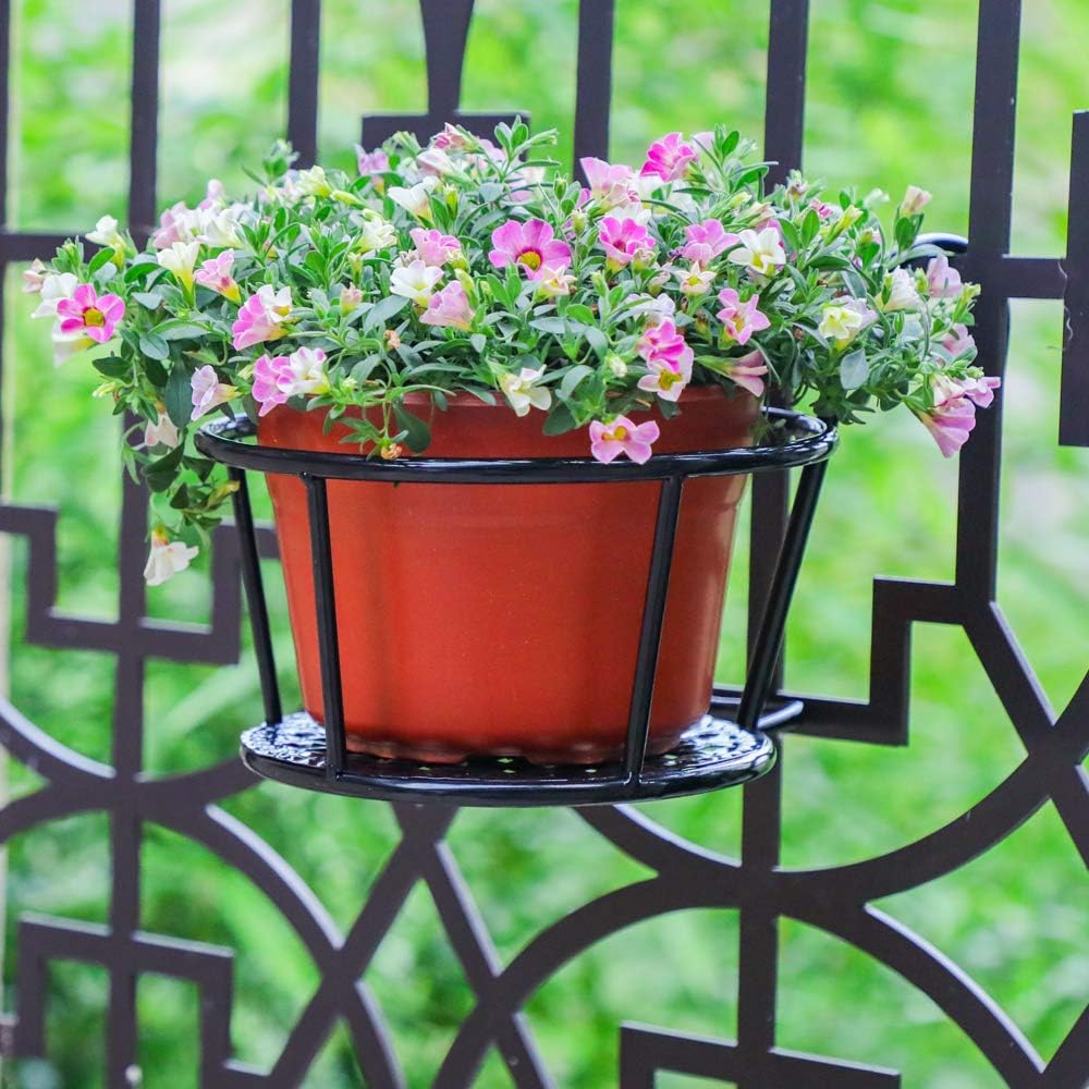 HowRU Iron Art Hanging Baskets Flower Pot Holder - Over the Rail Metal Fence Planters - Pack of 3 - Black