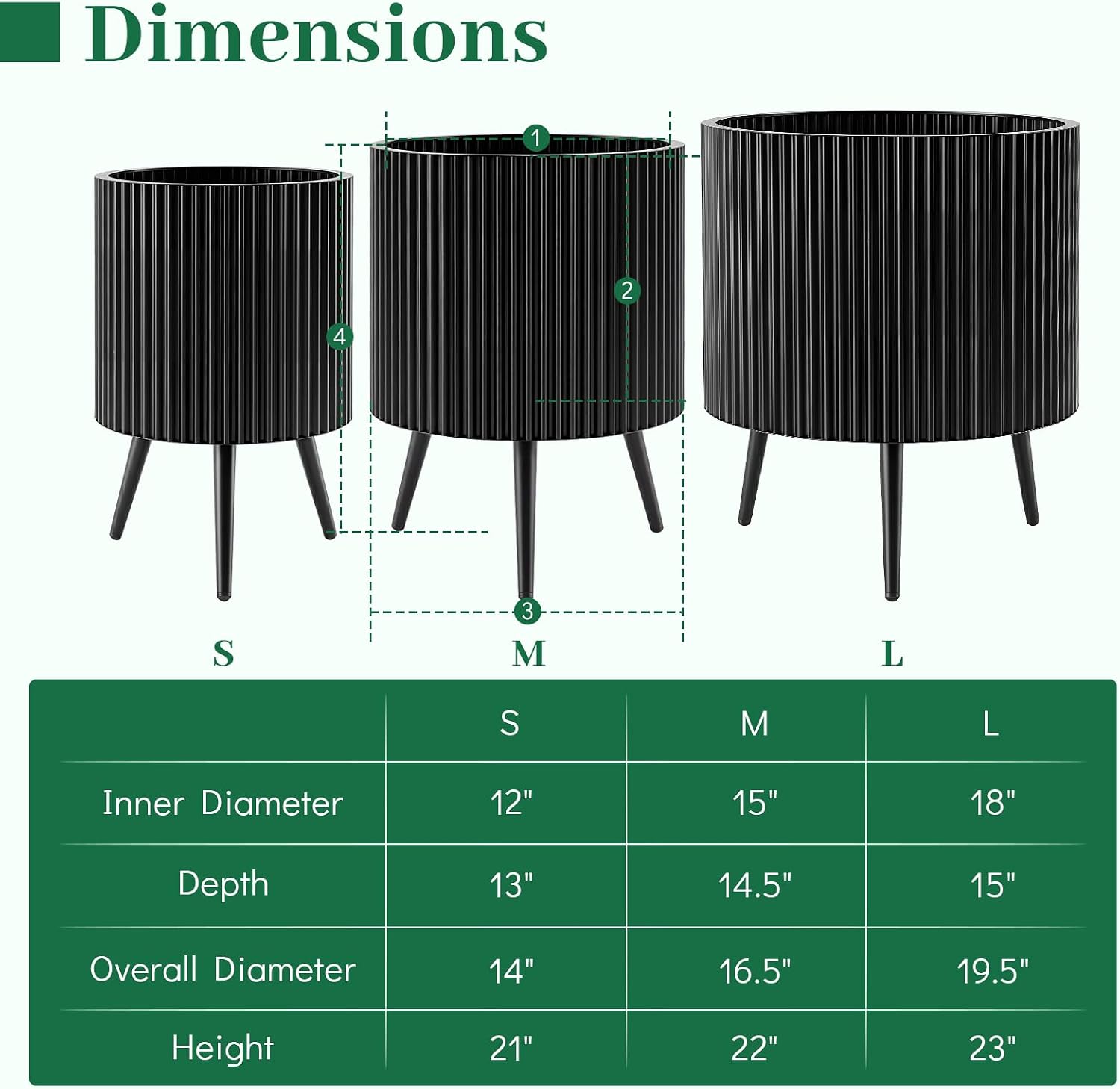 GIANTEX 16 Inch Plant Pot with Stand, Mid-Century Modern Fluted Planter | Built-in Drainage Holes, Tapered Legs, Metal