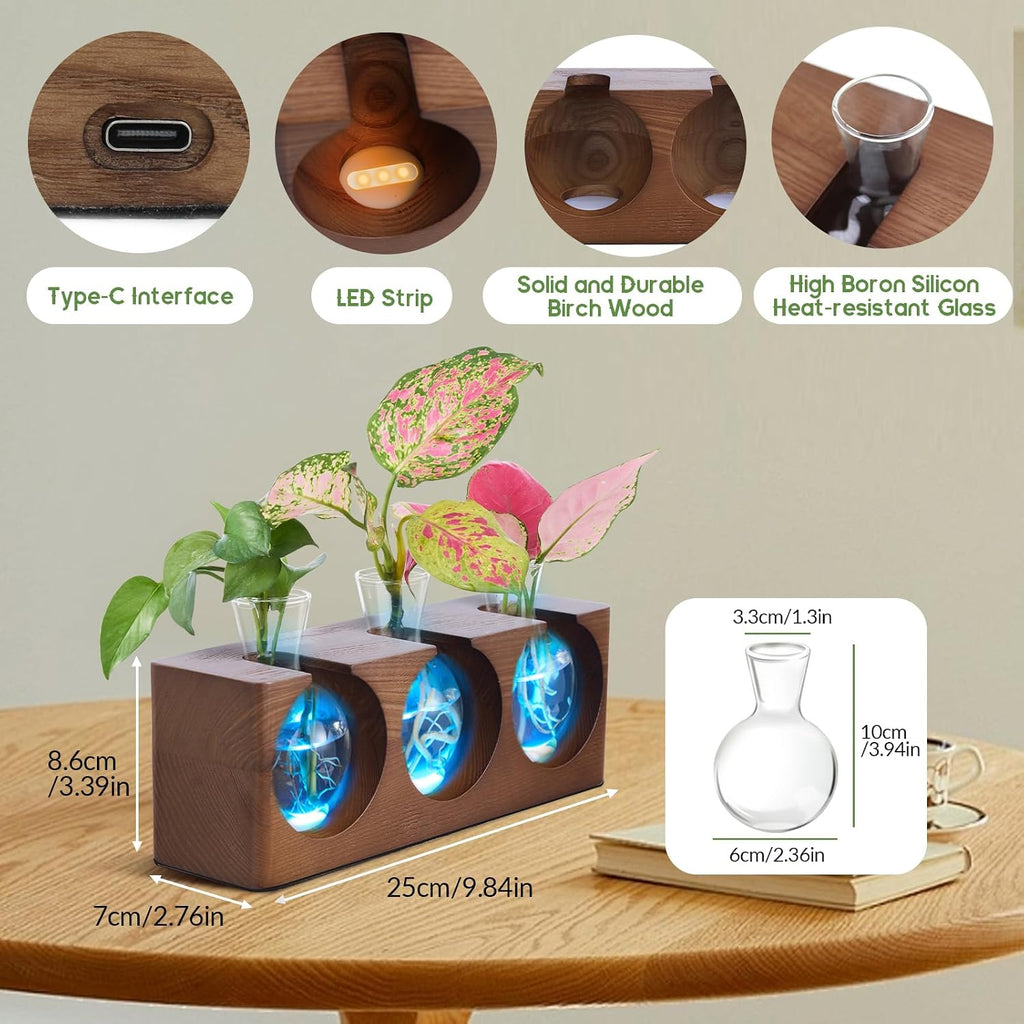 Wooden Stand Plant Propagation Station with 9-Level Adjustable LED Lights | Plant Terrarium with 4 Modes, 3 Glass