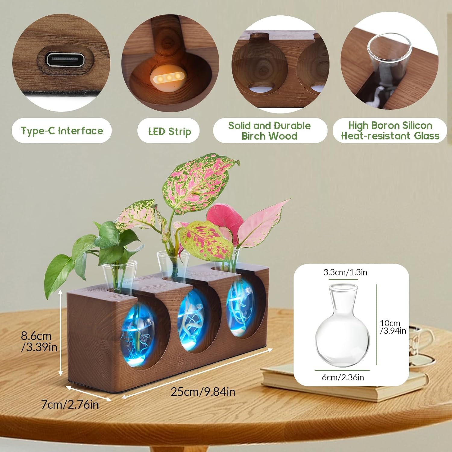 Wooden Stand Plant Propagation Station with 9-Level Adjustable LED Lights | Plant Terrarium with 4 Modes, 3 Glass