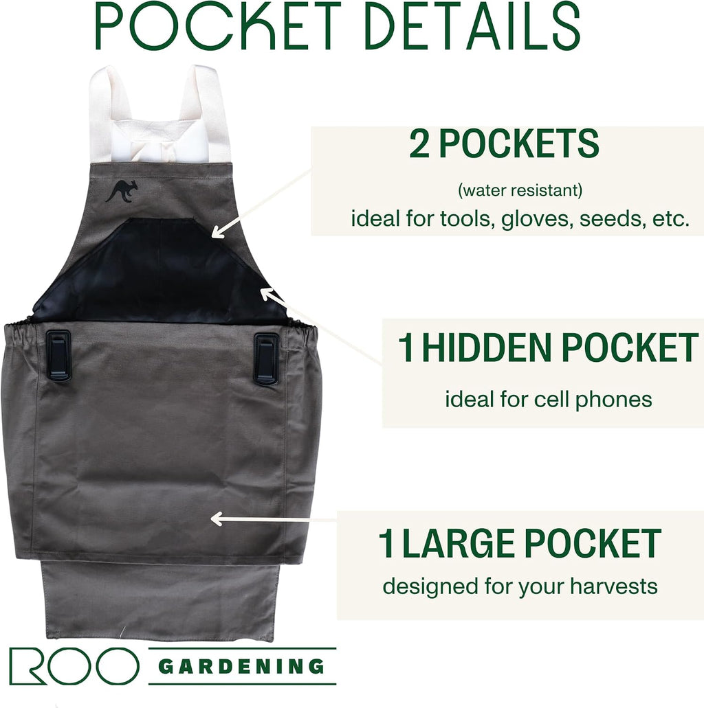 Roo Gardening Apron with Pockets for Women & Men - Canvas Garden Apron with Harvesting Pouch, Water-Resistant, Washable