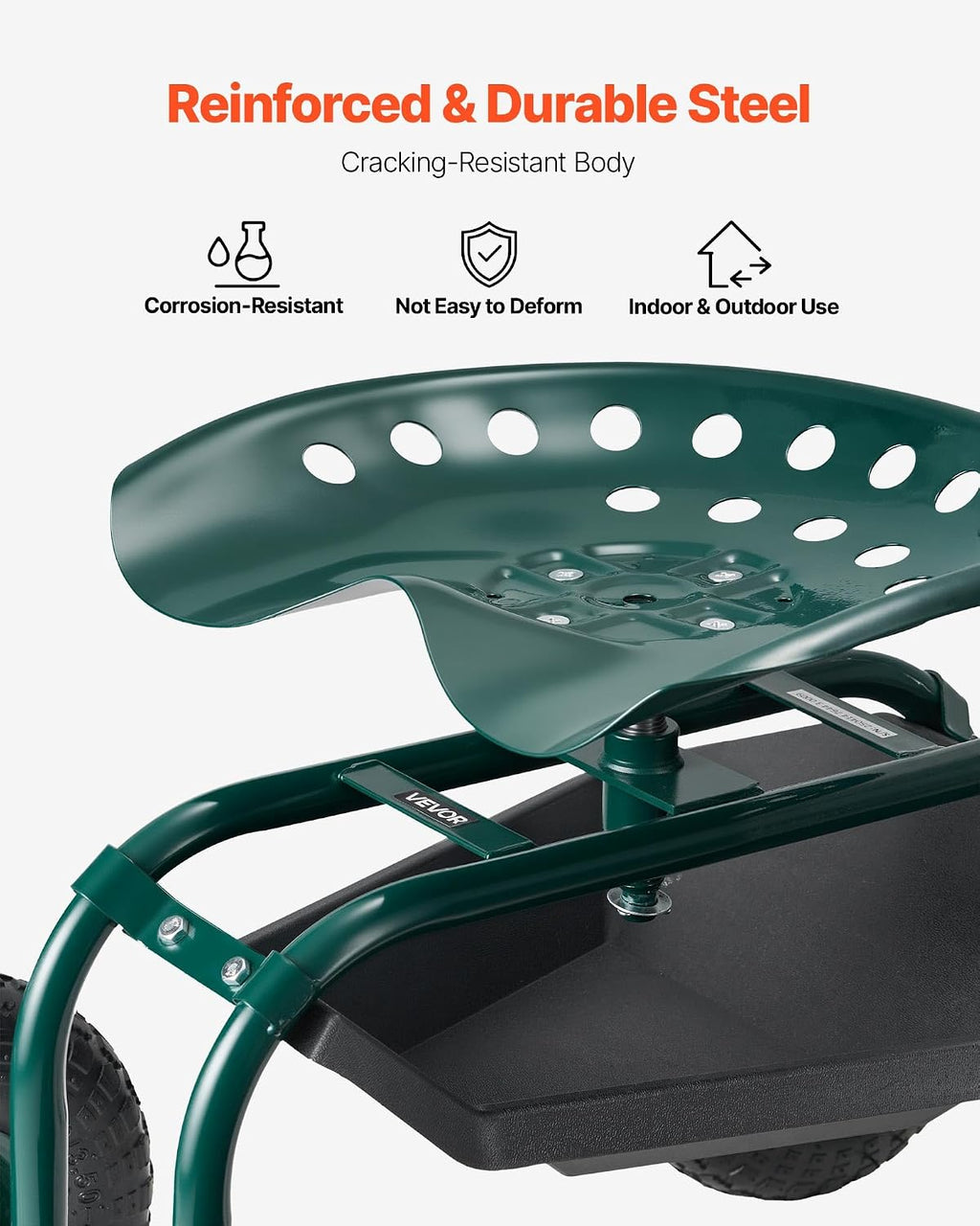 VEVOR Rolling Garden Cart with Swivel Seat, Heavy Duty Garden Seat with Storage Basket & Tool Tray, 300 lbs Weight