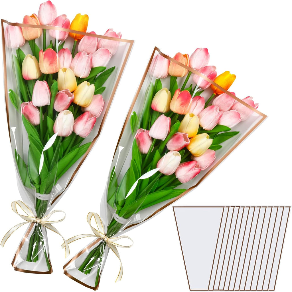 Jansun 40Pcs White Flower Bouquet Sleeves & Ribbon Set