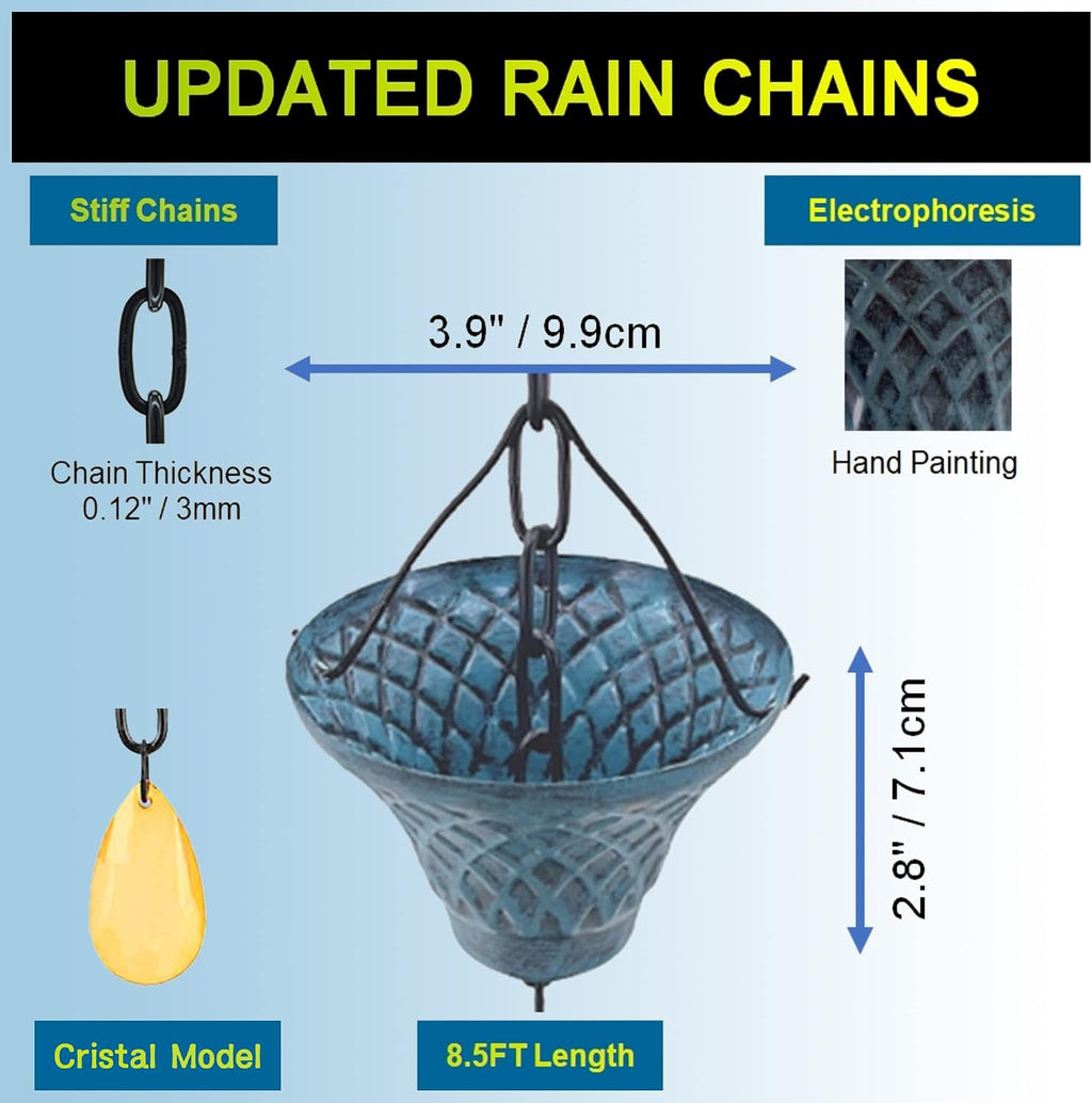 8.5FT Bell Iron Rain Chain for Gutters and Rain Barrel, New Blue | Rain Chains for Downspout, Rust-Prevent Plated