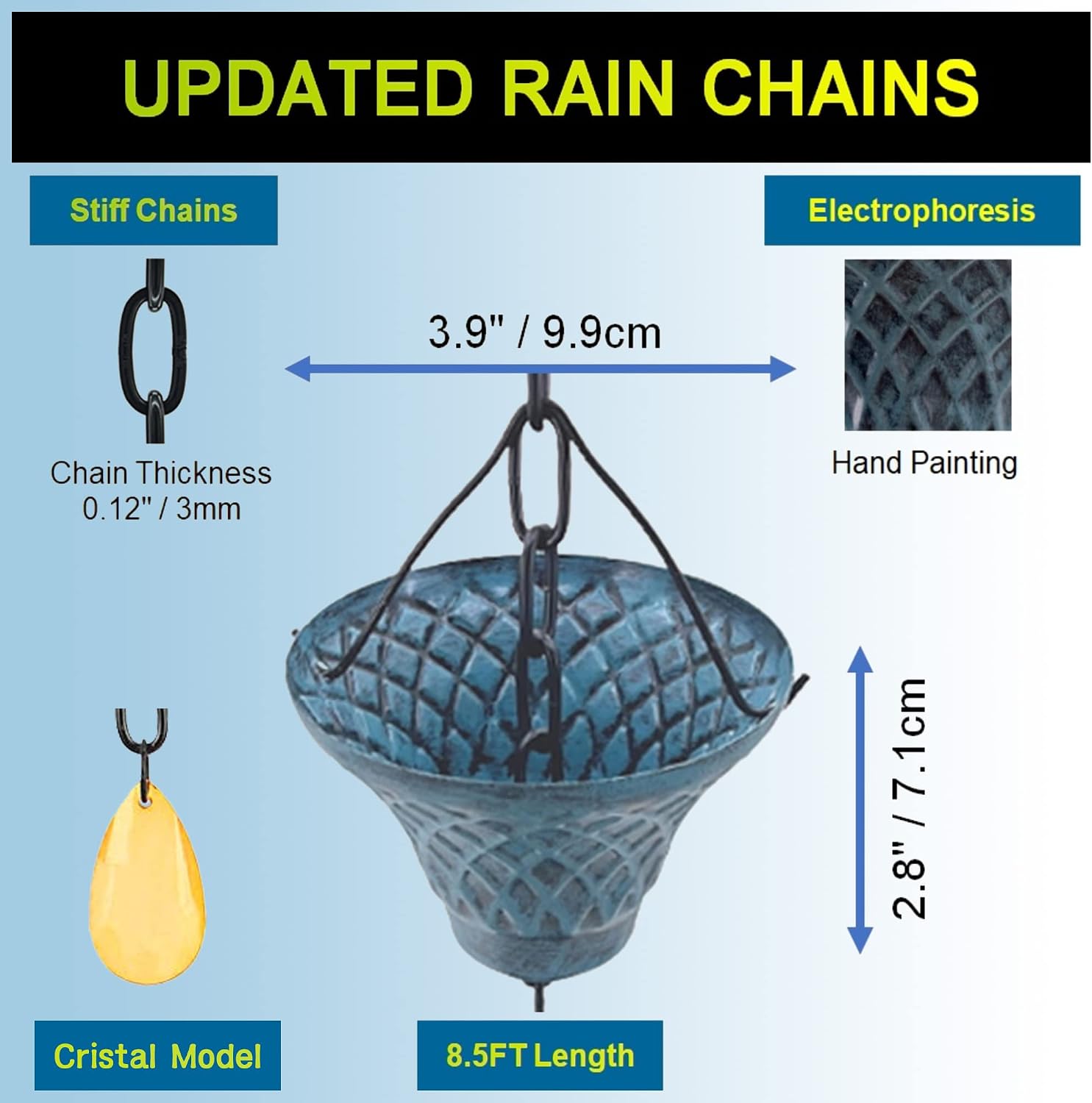 8.5FT Bell Iron Rain Chain for Gutters and Rain Barrel, New Blue | Rain Chains for Downspout, Rust-Prevent Plated