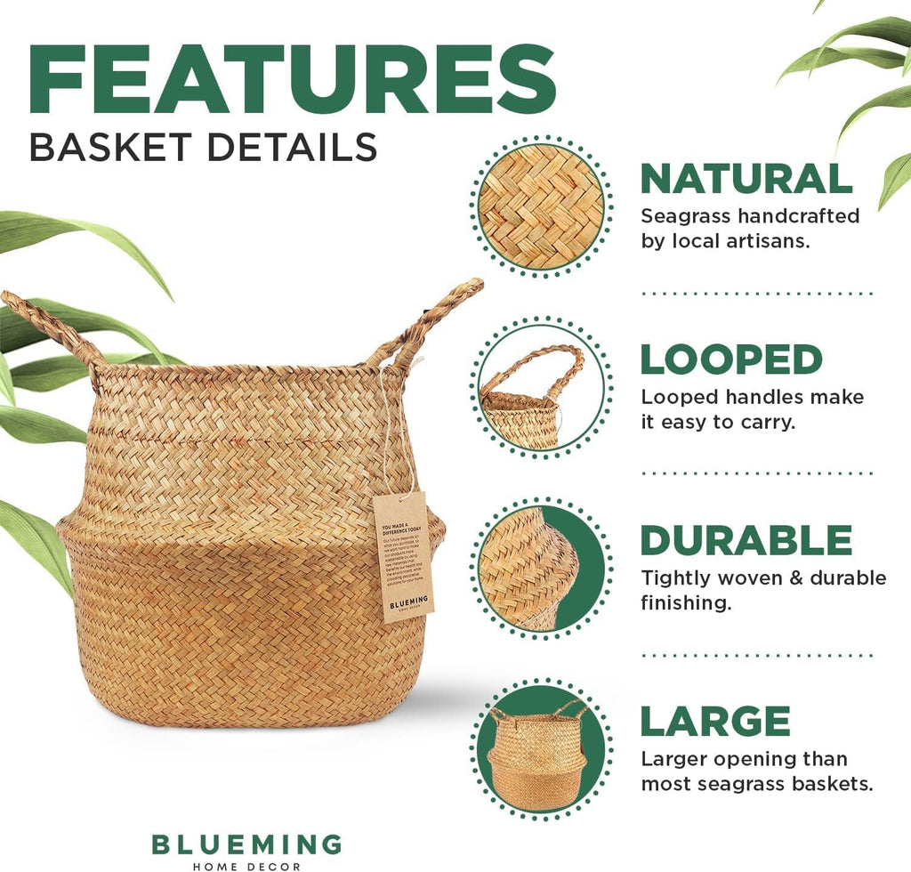 Large Plant Basket, Woven Seagrass Planter for Indoor Plants