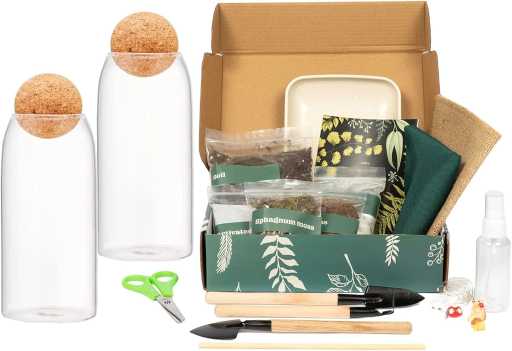 DIY Terrarium Kit with Closed Glass Bottle Container Planter with Lid (Ball Cork) | 2 Jars | Airtight Terrarium