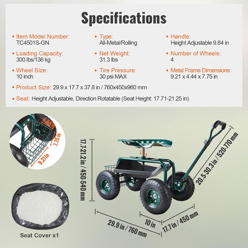 VEVOR Garden Cart Rolling Workseat with Wheels, Gardening Stool for Planting, 360 Degree Swivel Seat, Wagon Scooter