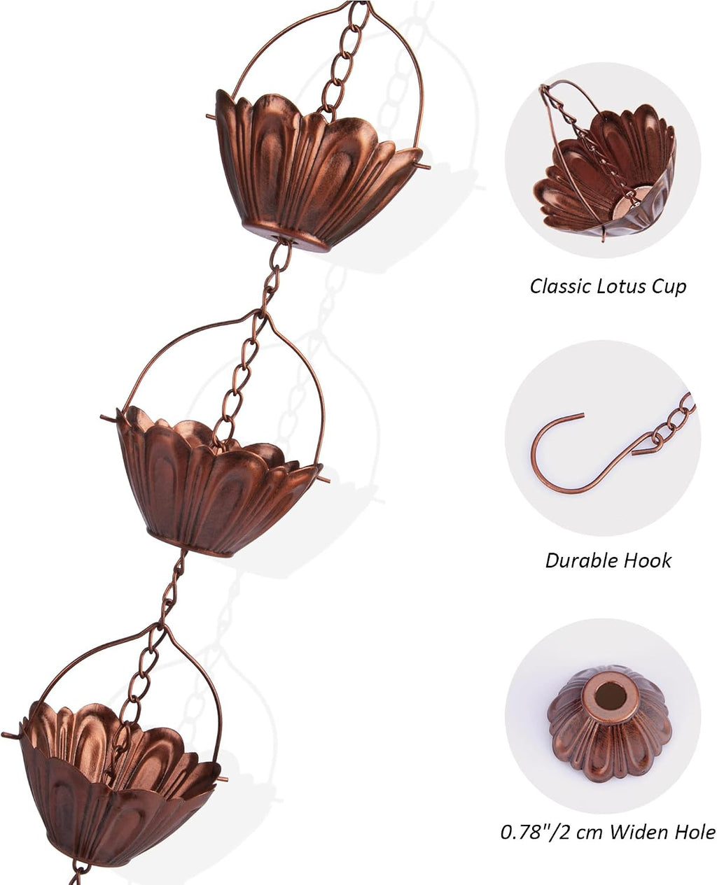 8 ft Copper Plated Rain Chain for Outside Downspouts, Adjustable Rain Catcher for Garden Gutters, Decorative Metal
