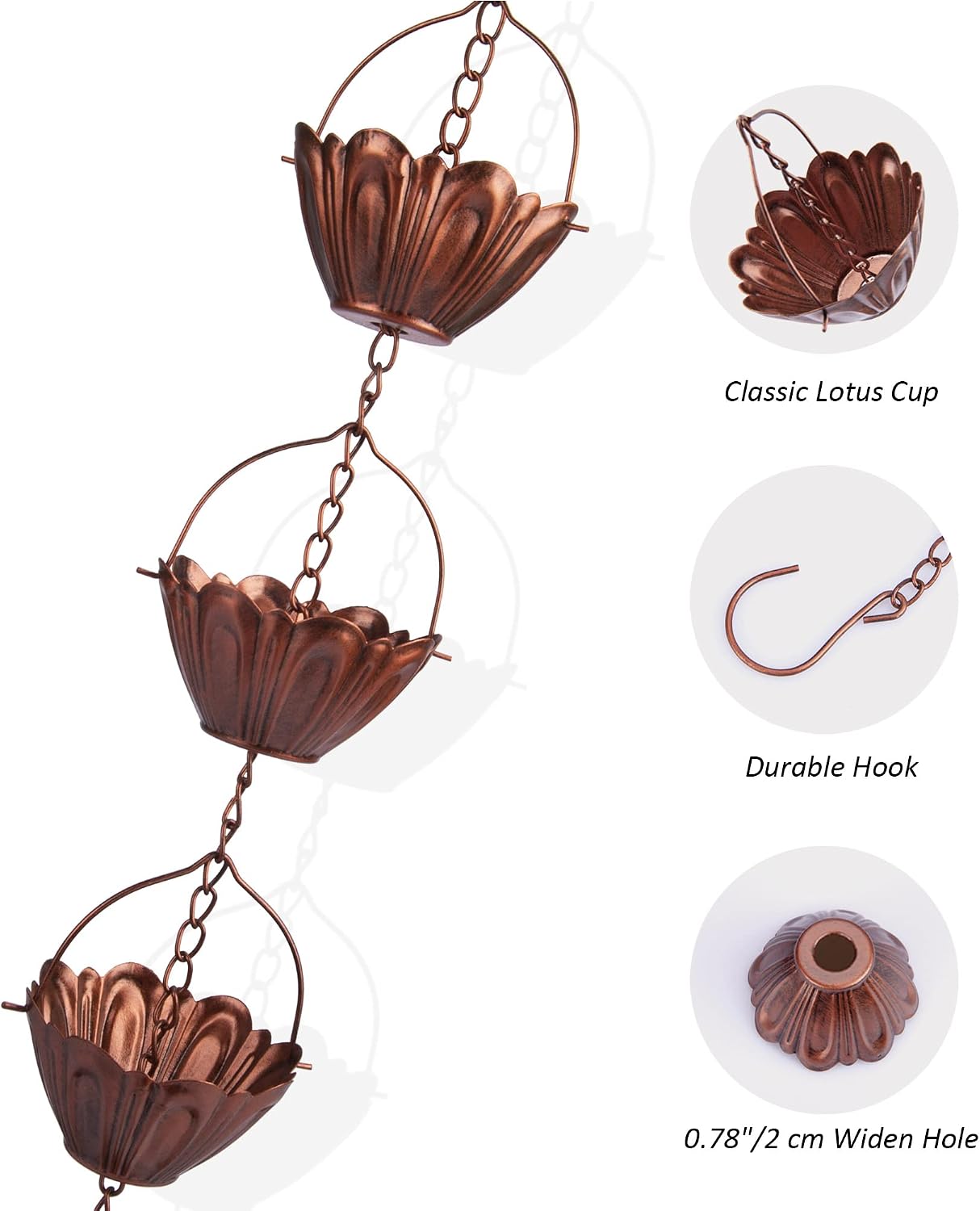8 ft Copper Plated Rain Chain for Outside Downspouts, Adjustable Rain Catcher for Garden Gutters, Decorative Metal
