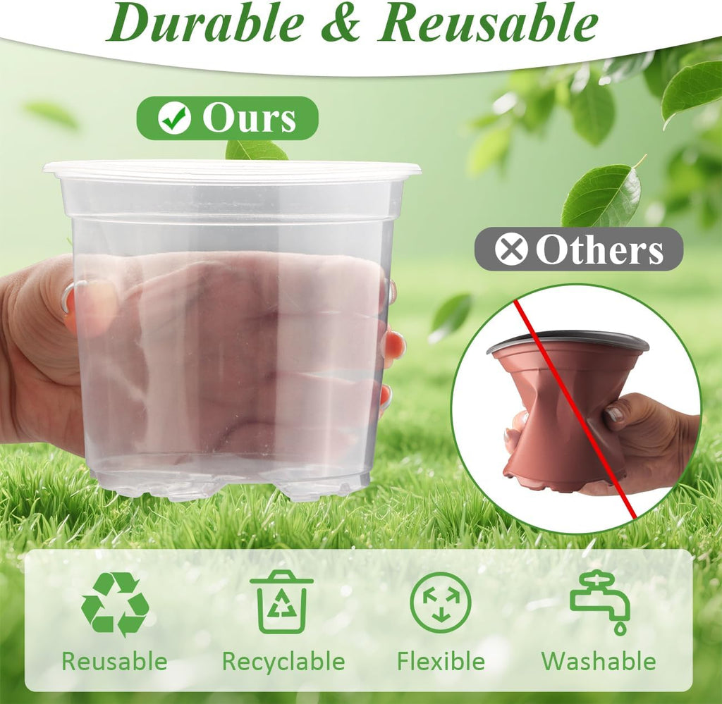 RooTrimmer 60 Pack Clear Nursery Pots with Humidity Domes, 4 Inch Plastic Plant Pots with Drainage Holes for Seedlings