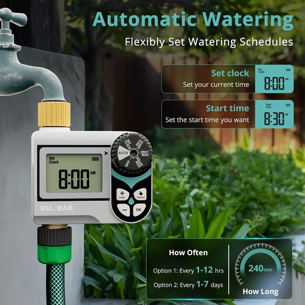 QUOBAS Zero Pressure Water Timer, Sprinkler Timer for Garden Hose Faucet | Brass Programmable Hose Timer, Rain