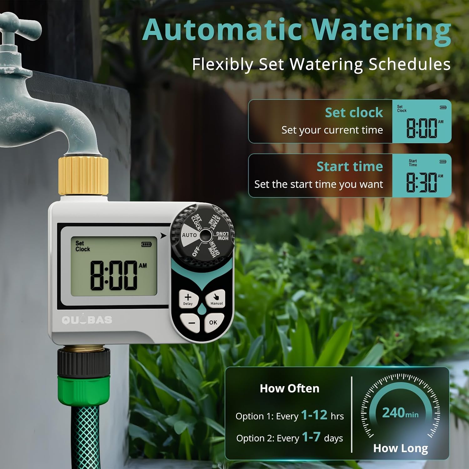 QUOBAS Zero Pressure Water Timer, Sprinkler Timer for Garden Hose Faucet | Brass Programmable Hose Timer, Rain