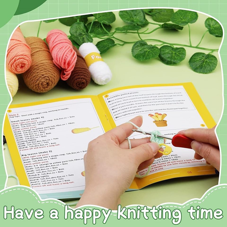 DIY Crochet Kit for Beginners, Potted Cactus Plants Set with Yarn, Hooks, Stitch Markers, Stuffing