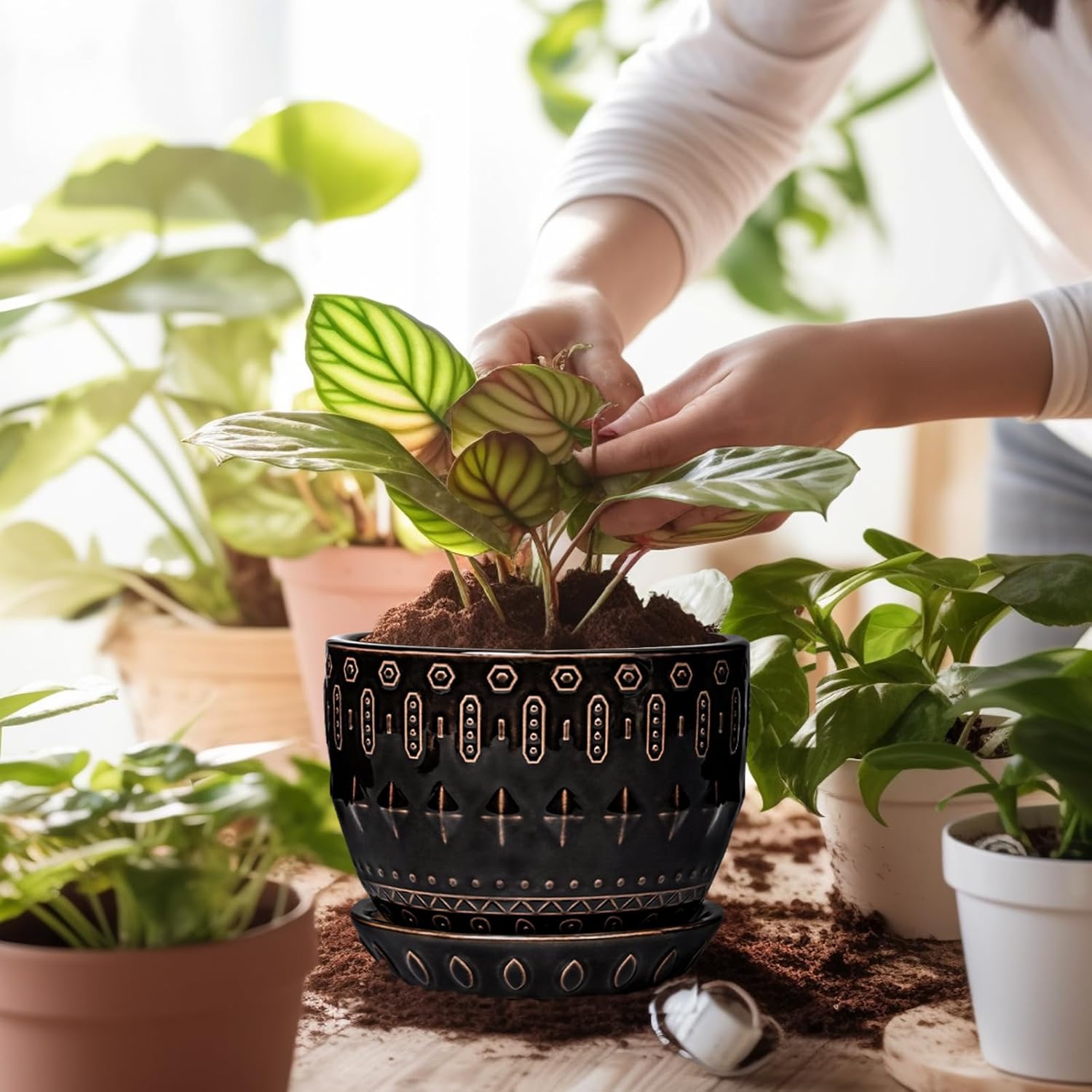 G EPGardening Ceramic Pot for Plants 5.5 Inch - Ceramic Plant Pot Indoor with Drainage Hole and Saucer, Round Boho
