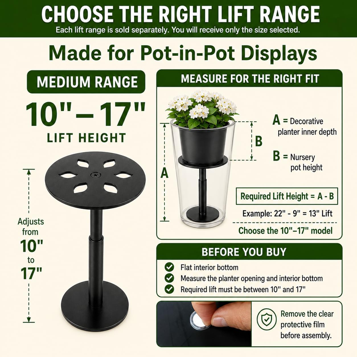 Adjustable Plant Risers for Inside Pots, 10-17 Inch Lift Height | Round Planter Insert for Tall Pots, 1 Stand, 8" & 10"