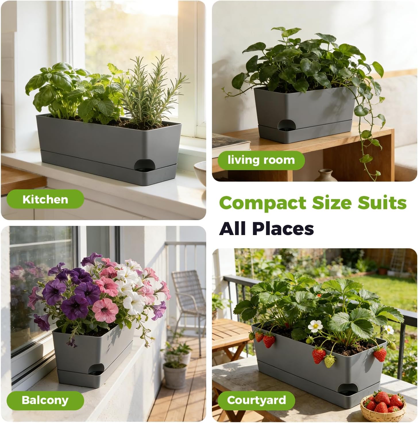 2 Pack Rectangle Self Watering Pots for Indoor Plants 17 Inches Window Boxes Planters Rectangular Flower Pots Herb