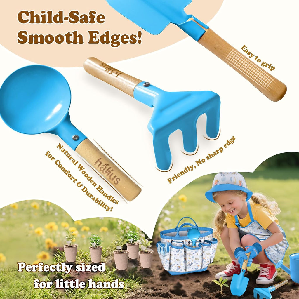 Kids Gardening Tool Set 18PCS Outdoor Toys Tote Bag Watering Can Apron Blue | Kid-Safe Ergonomic Metal Tools, Fun STEM
