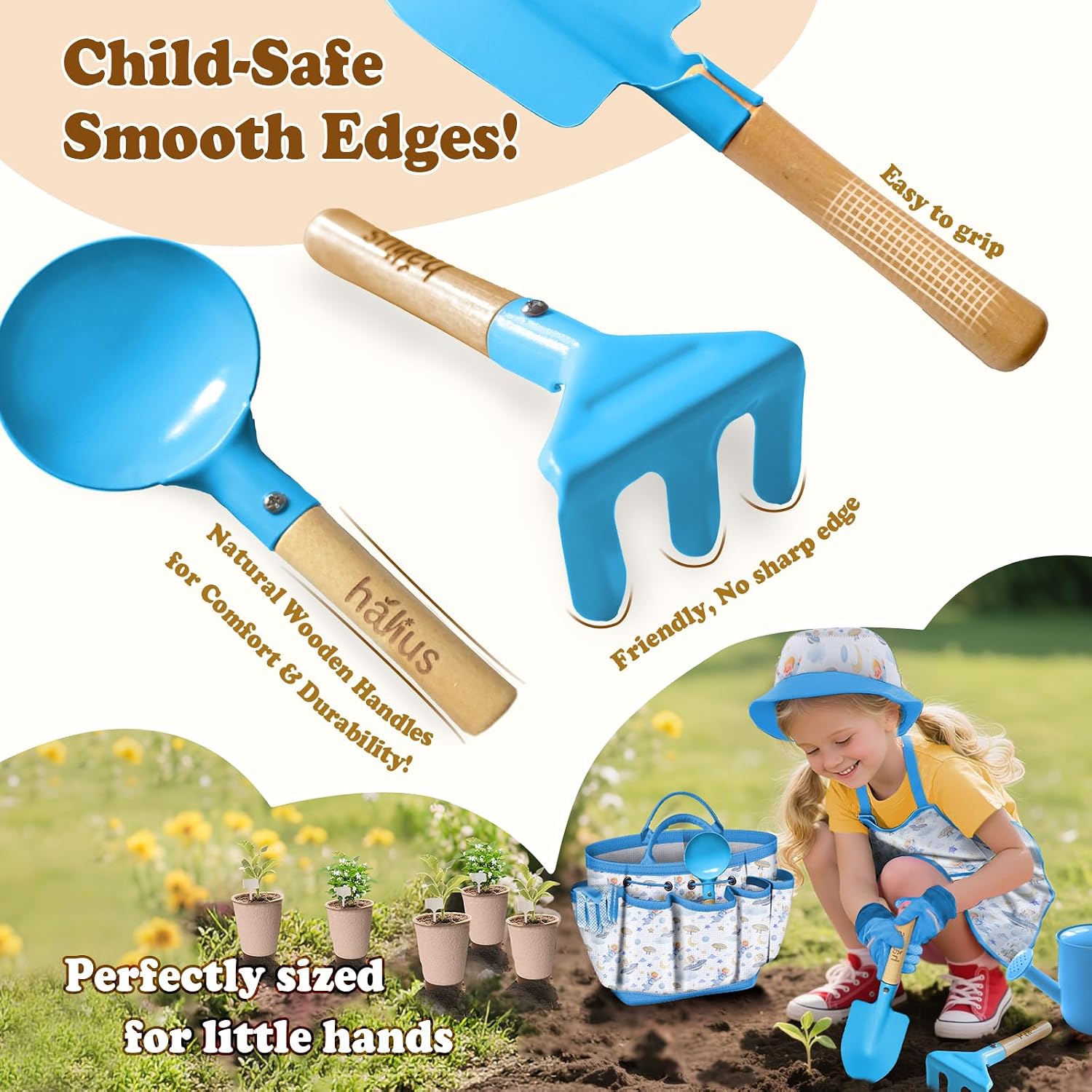 Kids Gardening Tool Set 18PCS Outdoor Toys Tote Bag Watering Can Apron Blue | Kid-Safe Ergonomic Metal Tools, Fun STEM