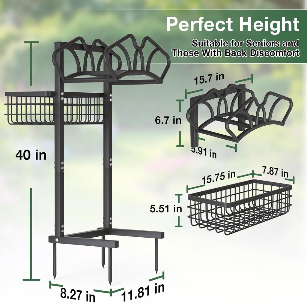 Qatsrin Garden Hose Holder with Large Basket, Heavy Duty Hose Reel, Black | Upgraded Water Hose Storage Stand Holds