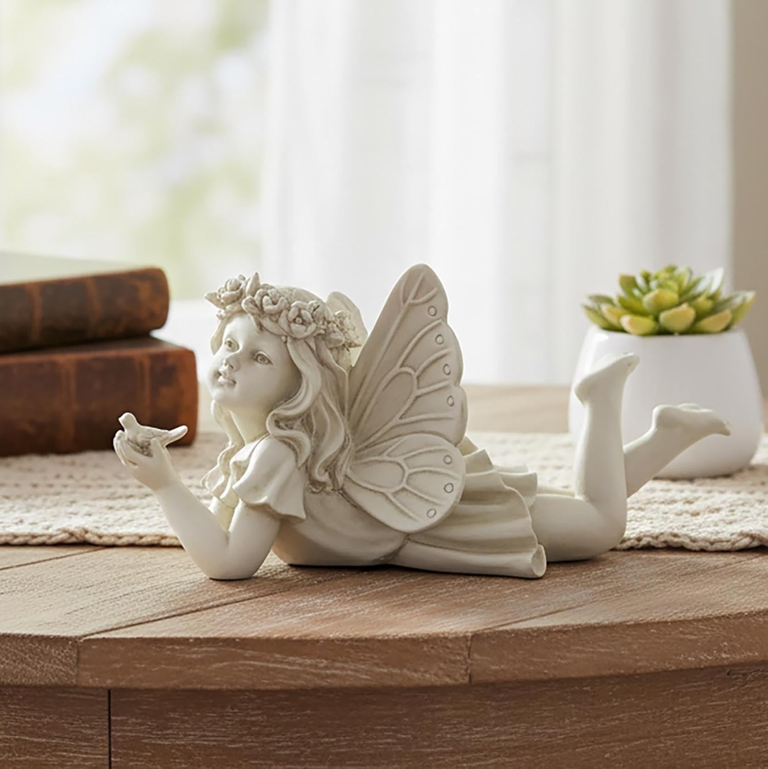 Fairy Garden Statue Holding Bird, Resin Outdoor Decor, 11.02 Inch | Hand-painted resin fairy figurine with bird and