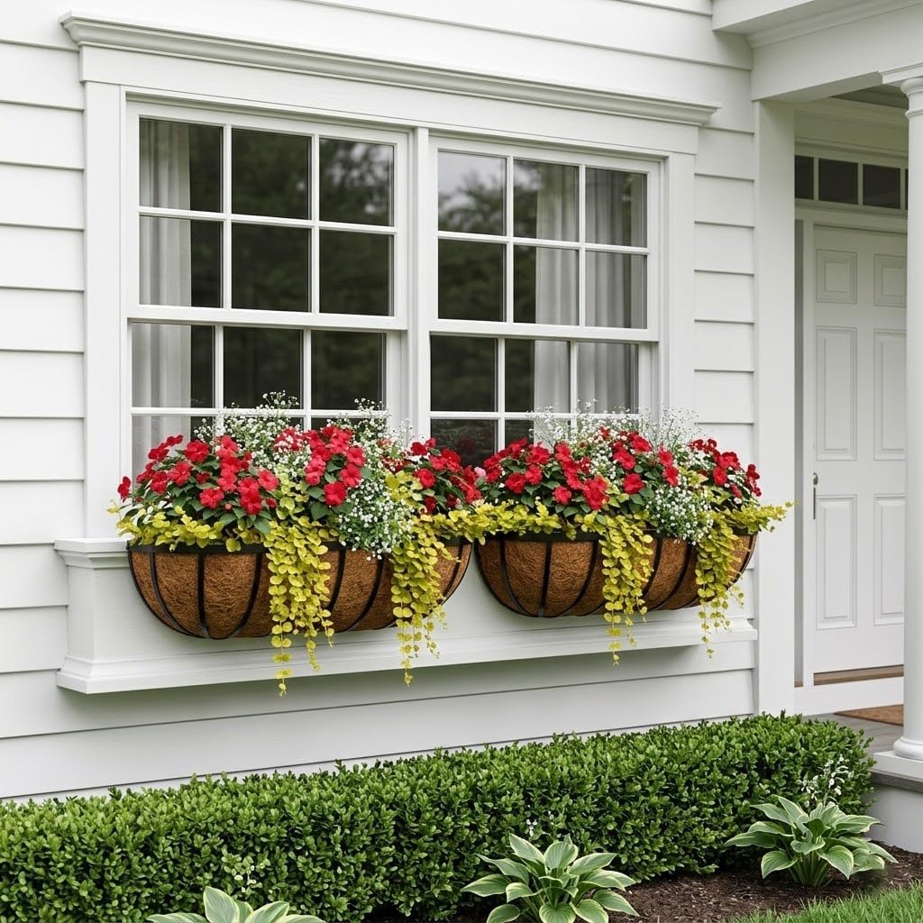 24 Inch Railing Planter Boxes with Adjustable Brackets for Hanging Outdoor Plants, Window Box Planter with Coco Liner